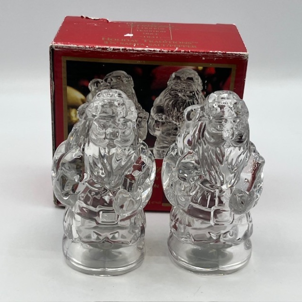 Gorham Holiday Traditions Crystal Santa Salt & Pepper Shakers Set Germany 3.75in